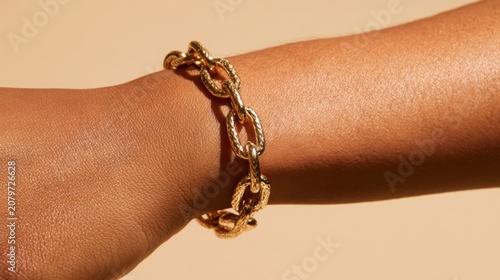 Elegant Gold Chain Bracelet on Female Wrist Against Neutral Beige Background