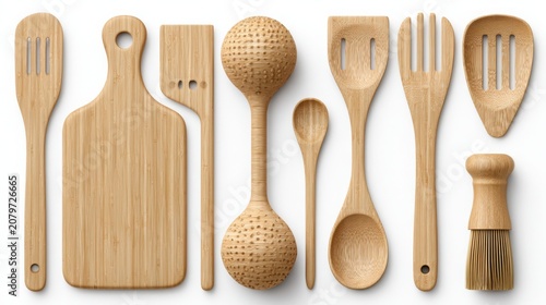 Collection of Bamboo Kitchen Accessories Isolated on White Background