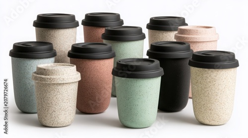 Collection of Reusable Coffee Tumblers Isolated on White Background