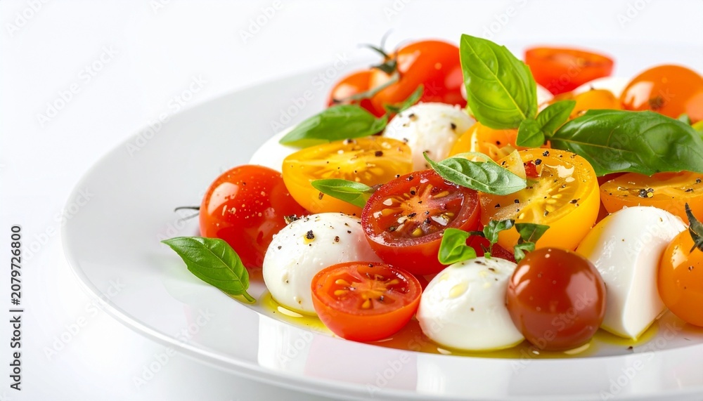 Obraz premium Caprese Salad Delight: A vibrant Caprese salad featuring ripe cherry tomatoes, fresh mozzarella balls, and fragrant basil leaves, drizzled with olive oil and seasoned to perfection.