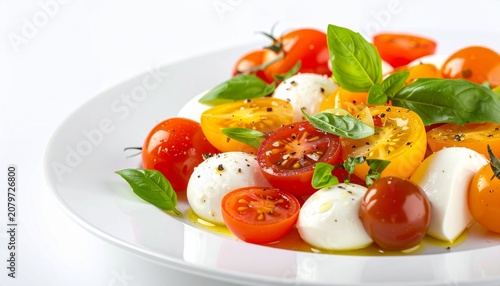 Caprese Salad Delight: A vibrant Caprese salad featuring ripe cherry tomatoes, fresh mozzarella balls, and fragrant basil leaves, drizzled with olive oil and seasoned to perfection.