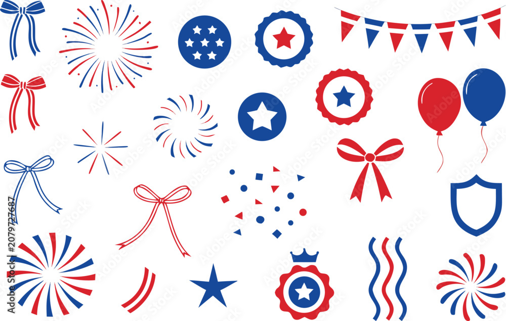 Obraz premium Patriotic usa independence day icons and design elements set isolated on transparent background, Vector