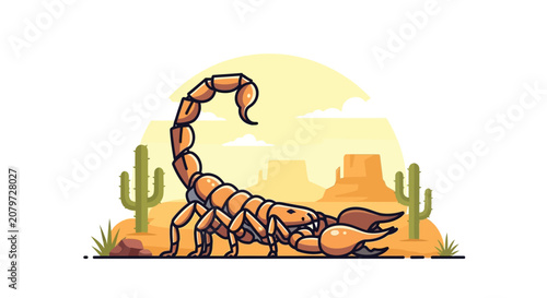 Obraz na plátne Pixel Art Scorpion in Desert Landscape with Cacti and Mountains