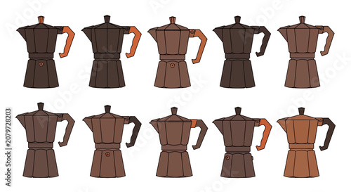 Canvas Print Set of Flat Vector Moka Pot Coffee Makers in Various Shades of Brown