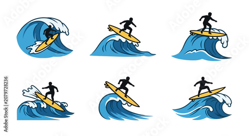 Quadro su tela Set of Surfer Silhouettes Riding Ocean Waves