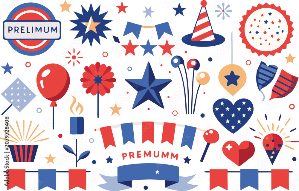 Fototapeta premium American independence day party celebration icon set isolated on transparent background, Vector