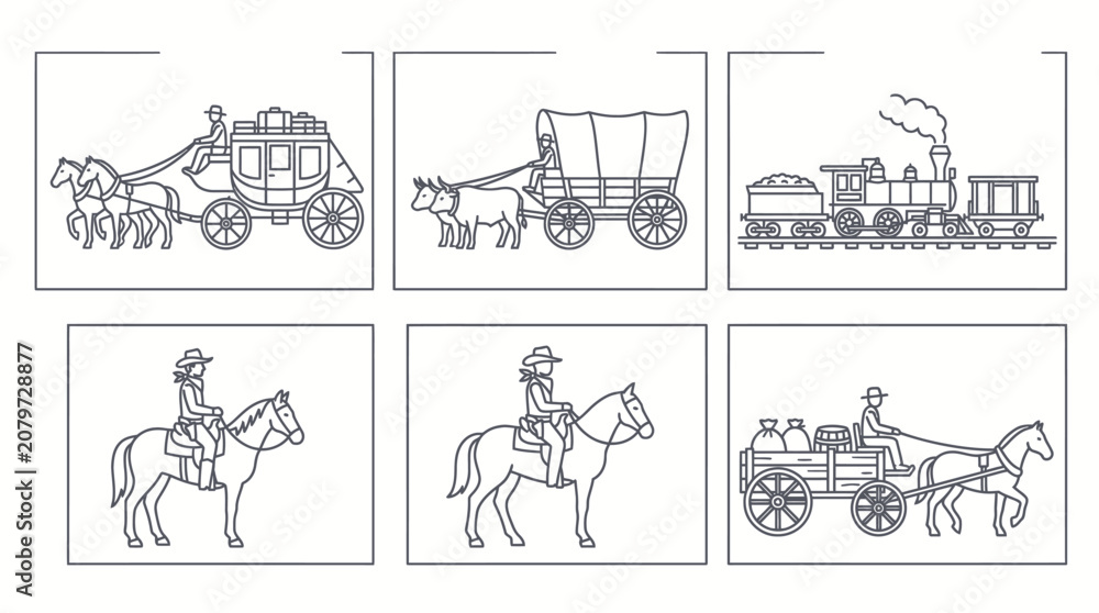 Obraz premium Classic Old West Transportation and Cowboy Figures Collection with Stagecoach, Covered Wagon, Train, and Horse Riders, Isolated White Background.