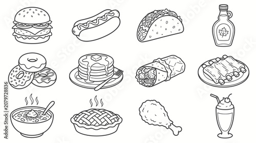 Cuadro en lienzo Assortment of American Fast Food and Diner Dishes with Burger, Hot Dog, Pancakes, Donuts, and Chicken, Isolated White Background