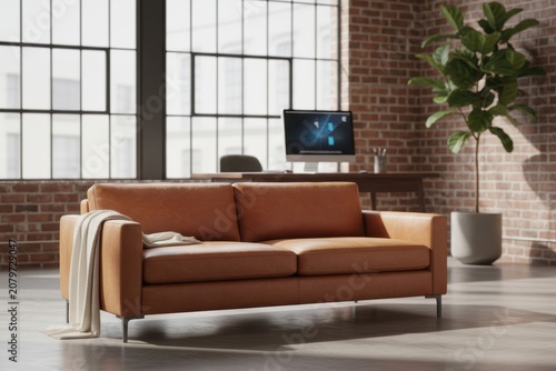 Modern industrial loft interior with brown leather sofa and workspace