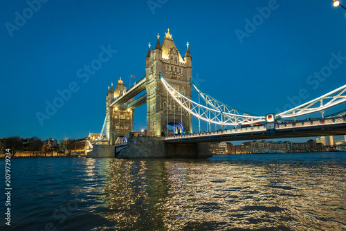 Tower Bridge London at Dusk With Illuminated Suspension and Reflections on the Thames River
