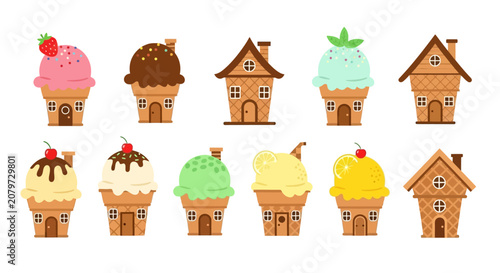 Cute Ice Cream Cone Houses Vector Set