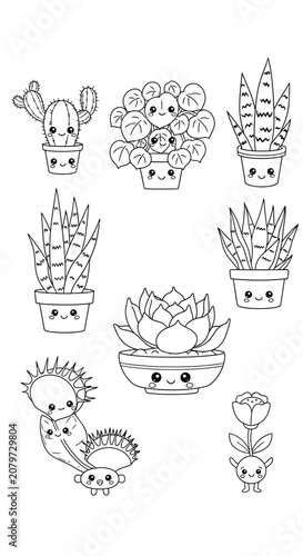 Cute Kawaii Plants Collection: Cacti, Succulents, and Flowers with Happy Faces
