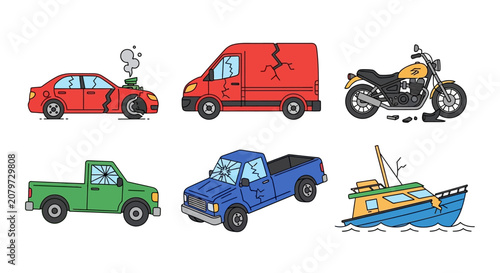 Damaged Vehicles Collection: Car, Van, Motorcycle, Trucks, Boat