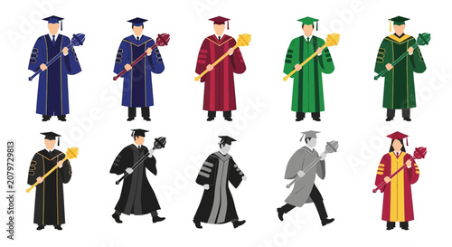 Diverse Academic Graduation Gowns and Caps with Scepters - Set of 10