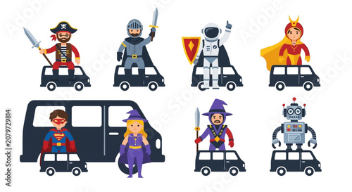 Diverse Characters Driving Cars: Superheroes, Astronaut, Knight, Pirate, Witch, Robot