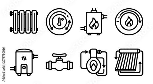 Heating System Icons: Radiator, Boiler, Thermostat, Valve, Solar Panel, Water Heater