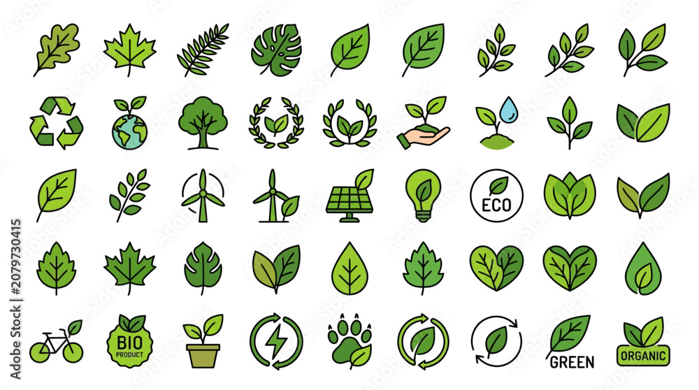 Fototapeta premium Green leaves eco icons and symbols.