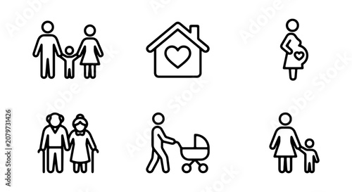 Family Icons Set: Parents, Children, Pregnancy, Elderly, Baby Stroller, Home