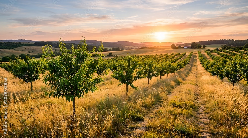 Obraz premium Cherry Tree Orchard with Rows of Fruit Trees Under Blue Summer Sky