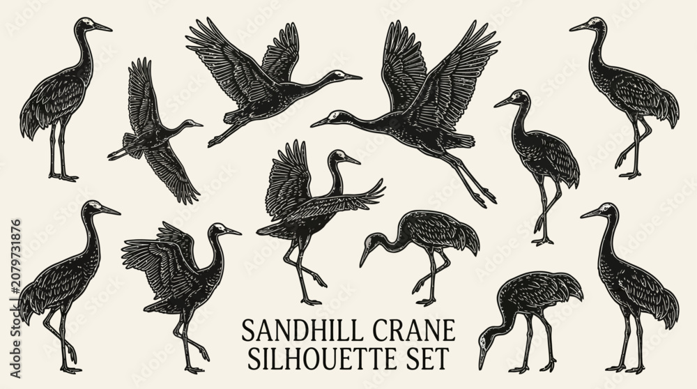 Fototapeta premium Comprehensive set of twenty sandhill crane silhouettes displaying diverse avian poses including flight, foraging, and dancing, perfect for wildlife graphic design and nature projects