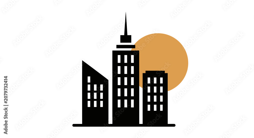 Fototapeta premium Modern city skyline silhouette with sun conceptual vector illustration