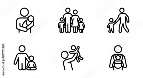Family Icons Set: Parents, Children, Baby Carrier, Parenting, Love