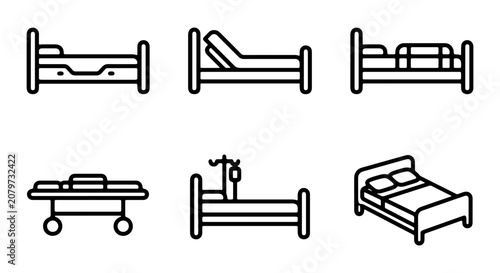 Hospital Bed Icons, Medical Stretcher, Healthcare Furniture Vector Set