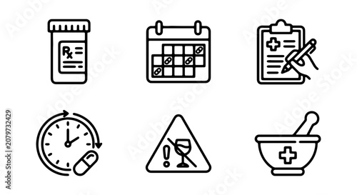 Medical Icons Set: Pharmacy, Calendar, Prescription, Time, Warning, Mortar