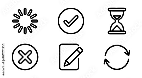 Set of 6 Simple Line Icons: Loading, Checkmark, Hourglass, Cross, Edit, Refresh