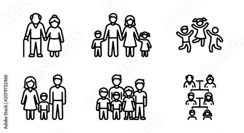 Family Icons Set, Diverse Generations, People Silhouettes, Vector Graphics