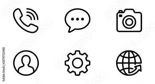 Minimalist Icon Set: Phone, Chat, Camera, User, Settings, Globe