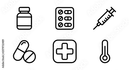Medical Icons Set: Pills, Syringe, Thermometer, Pharmacy Bottle