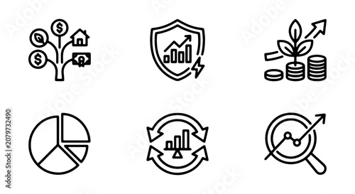 Financial Growth Icons: Investment, Security, Analytics, Pie Chart