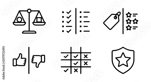 Vector Icons: Rating, Review, Balance, Strategy, Approval, Security