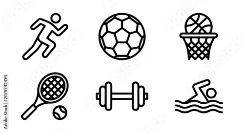 Sports Icons Set: Running, Soccer, Basketball, Tennis, Weights, Swimming