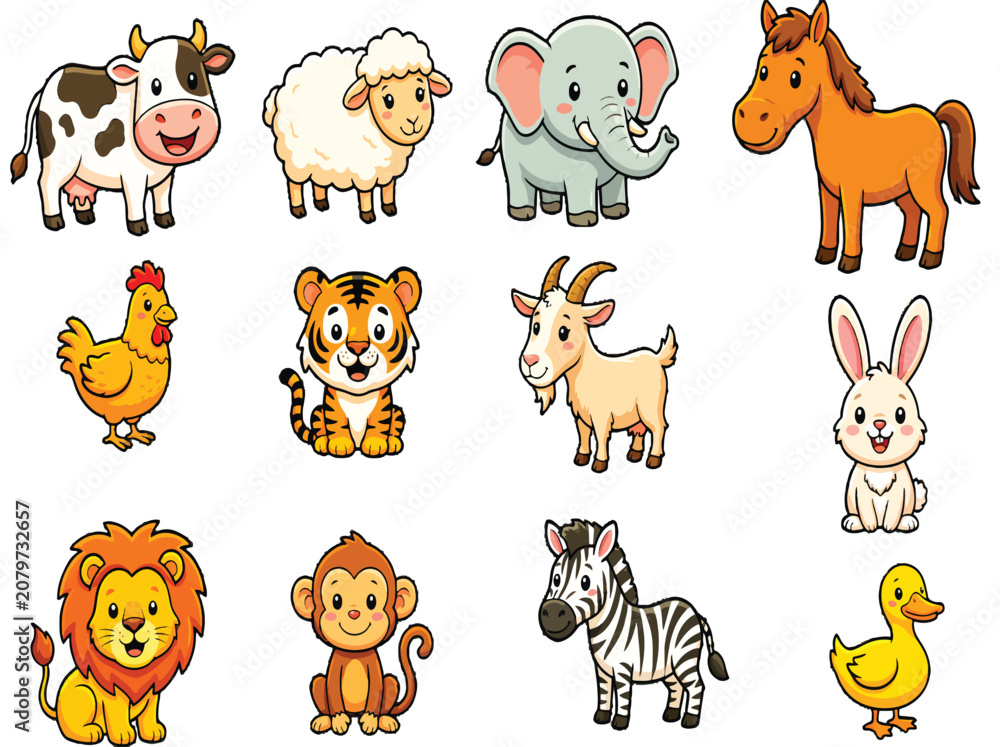 Naklejka premium Cute cartoon animal collection with 12 vector characters, friendly farm and wild zoo animals set, colorful nursery illustrations for children education