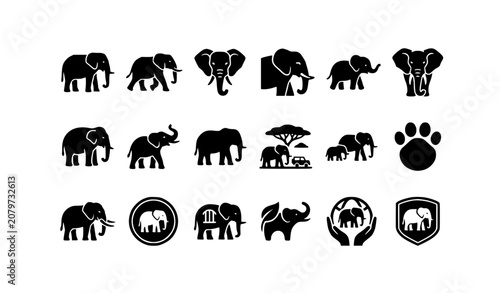 Photography Modern Elephant Glyph Icon Collection Wildlife Safari Editable Vector Set