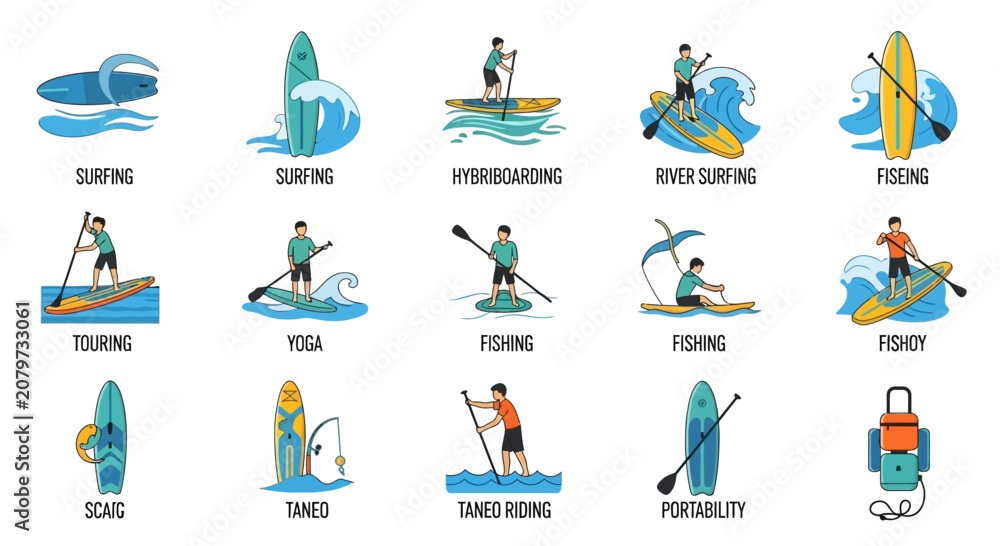 Fototapeta premium Set of Stand Up Paddle Boarding and Surfing Activity Icons