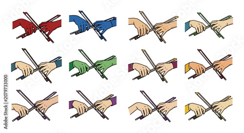 Canvastavla Set of Hands Holding Violin Bows in Various Colors
