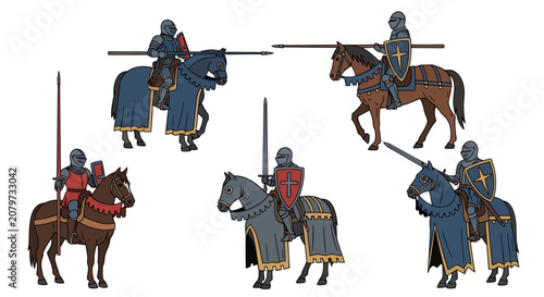 Картината върху платно Set of Medieval Knights Riding War Horses with Lances and Shields