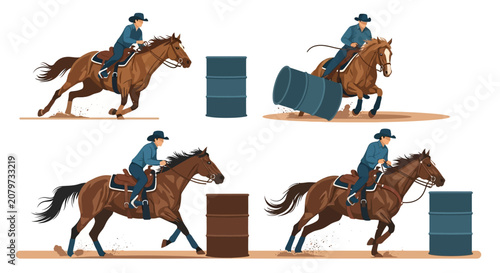 Slika na platnu Barrel Racing Rodeo Horse Equestrian Action Set