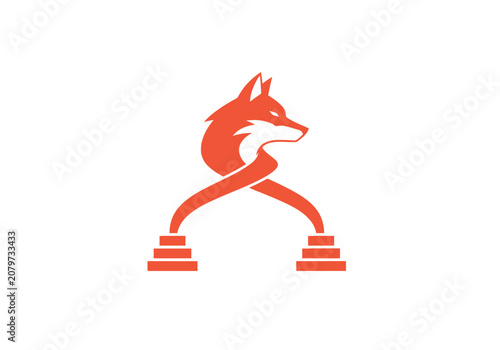 Minimalist orange fox and dumbbell fitness logo on white background
