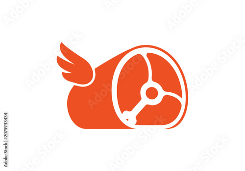 Minimalist orange flying meat icon with wings on white