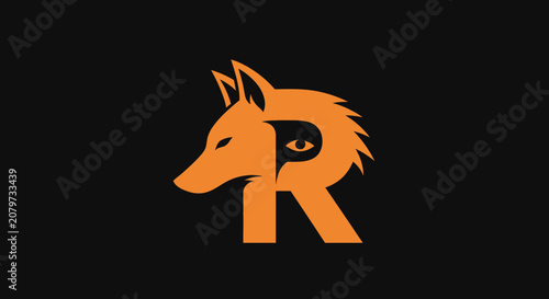 Minimalist orange fox and letter R logo on black background