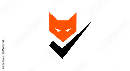 Minimalist orange fox head logo with black checkmark icon