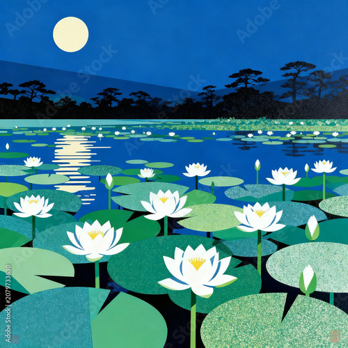 White Water Lilies Blooming on the Lake Under Bright Full Moon at Starry Night