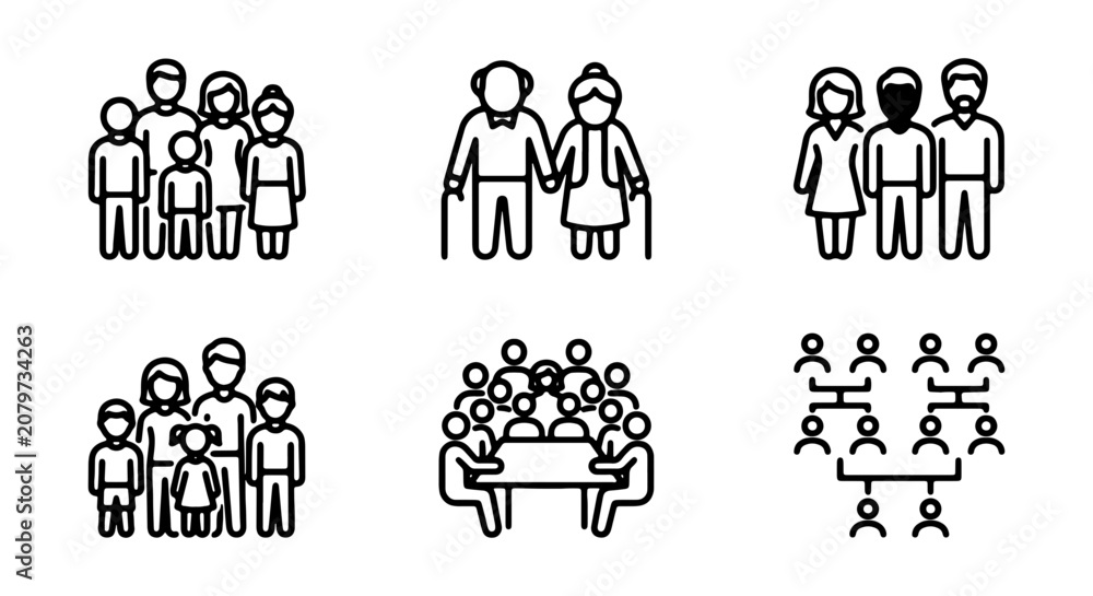 Obraz premium Diverse Family Groups, Senior Couple, Business Meeting Icons. People Icons.