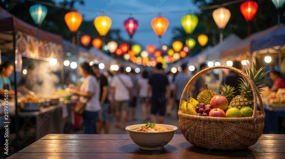 Fototapeta premium Street food night market scene with noodle bowl and fresh fruit basket on wooden table, travel concept for Asian culinary tourism