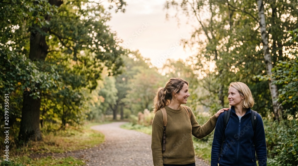 Fototapeta premium Two women friends walking on a path in a forest during autumn with sunlight filtering through the trees