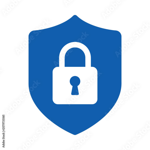 Blue shield icon with white padlock for cybersecurity concept